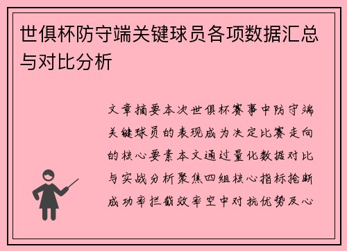 世俱杯防守端关键球员各项数据汇总与对比分析